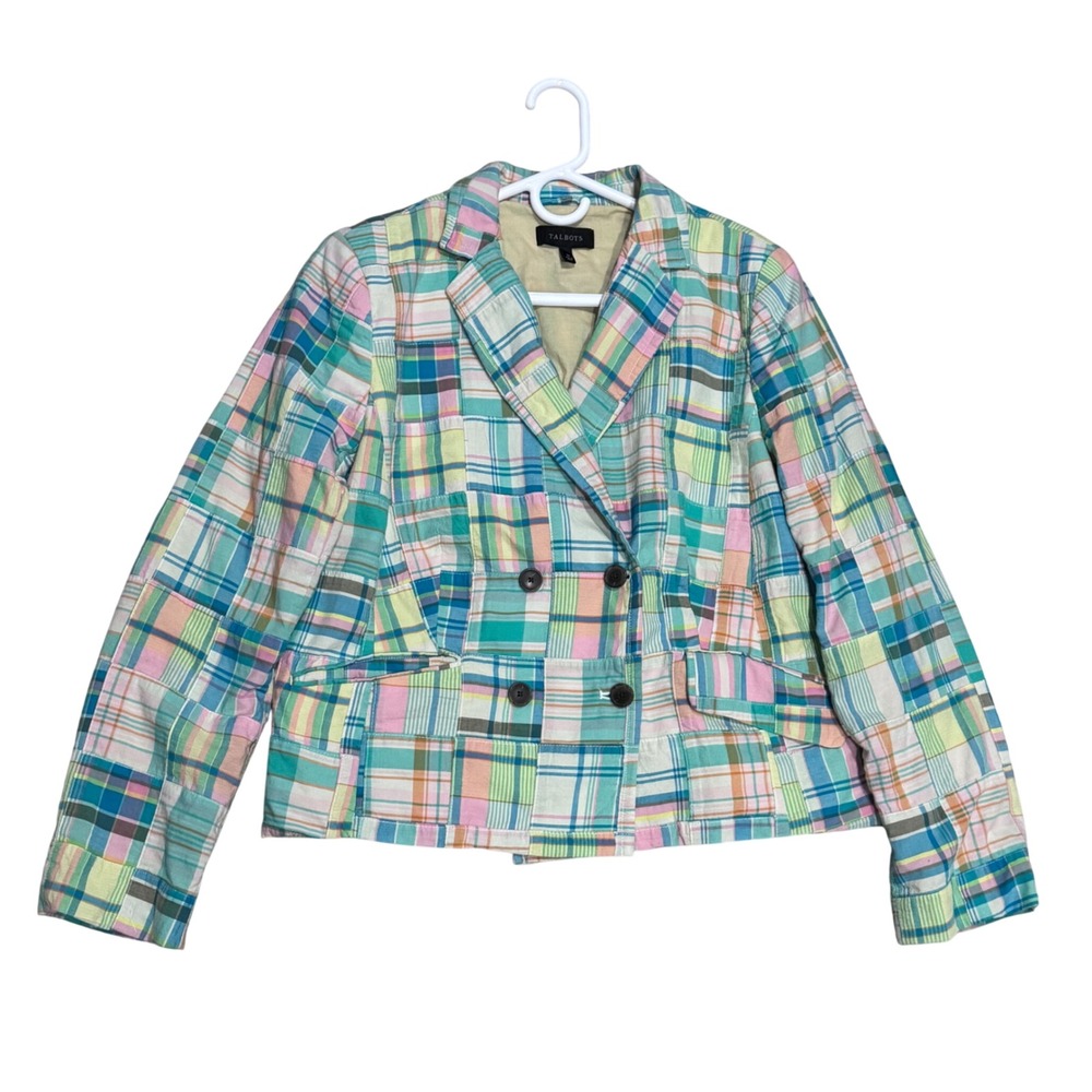 Talbots Blazer Women 14 Multi Madras Patchwork Excellent Cropped Double Breasted - Picture 3 of 12